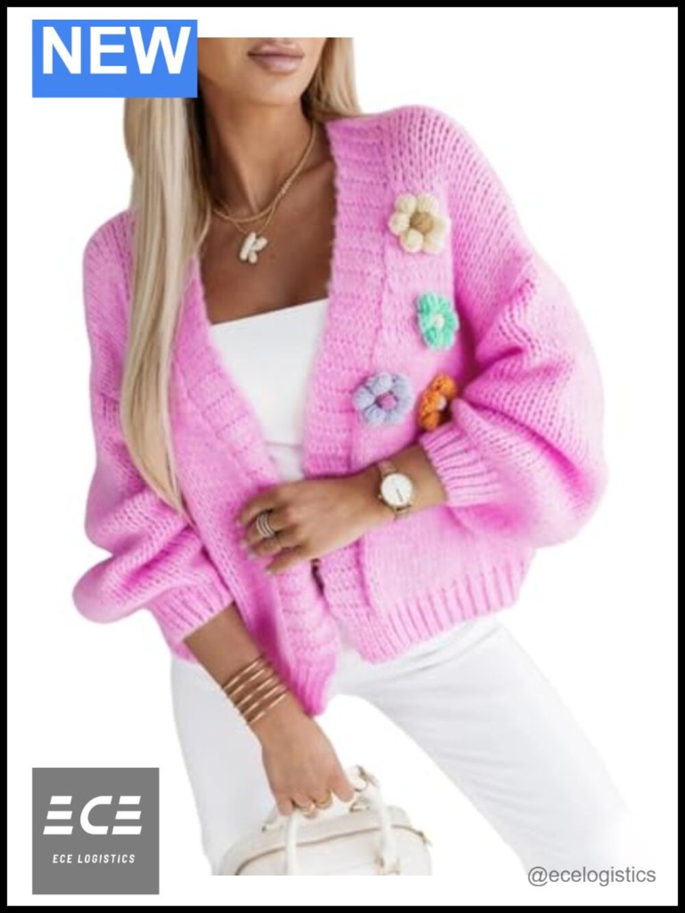 Knit Cardigan 3D Floral Long Sleeve Open Front Sweater